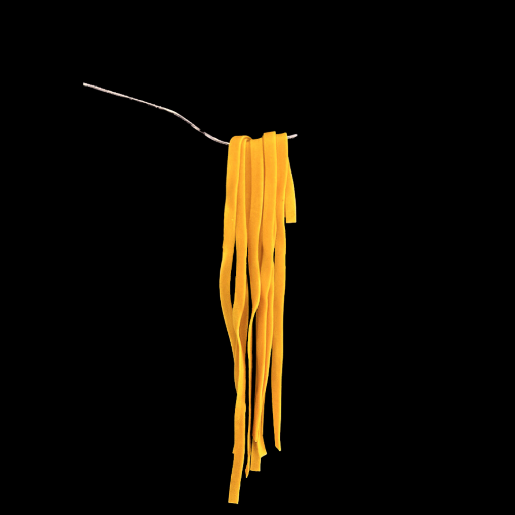 Photographie de tagliatelle au curcuma sur une fourchette