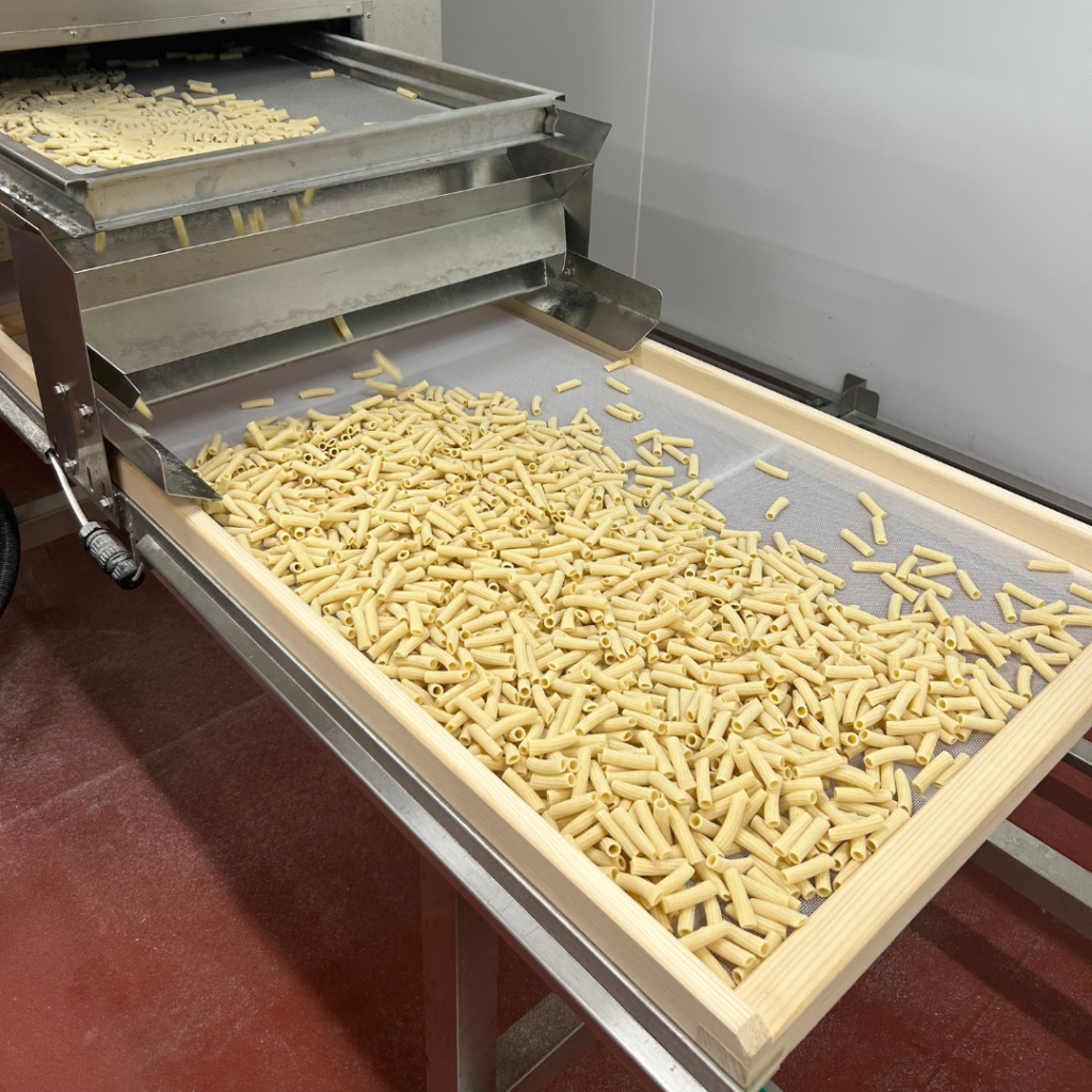 Photo de nos macaroni sur le pré-séchoir dans l'atelier
